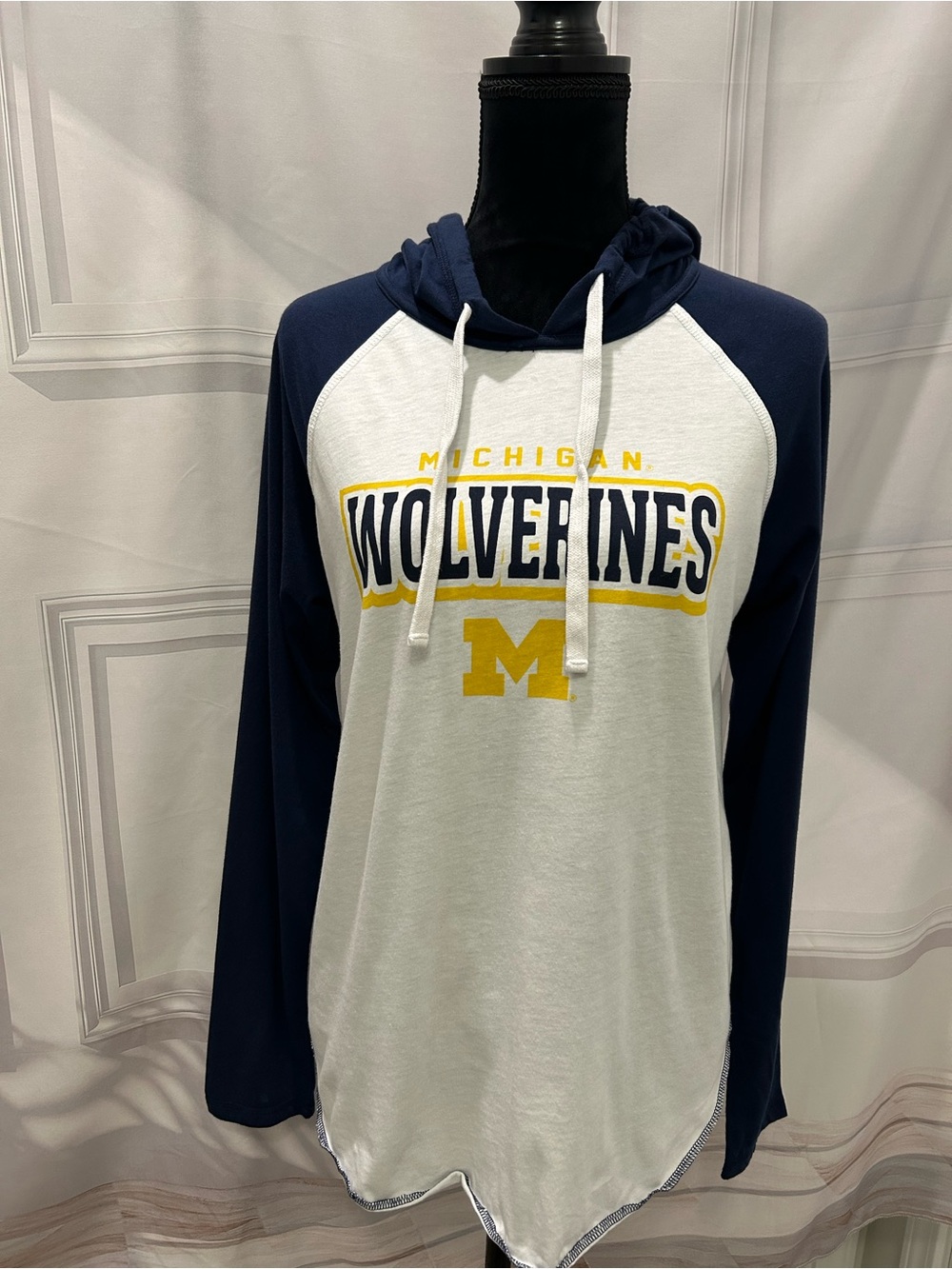 Michigan Wolverines Navy & White Jersey Hooded Raglan Long SleeveTee 4Her Large